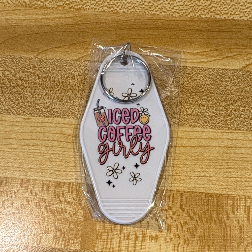 Light Purple Keychain with 'Iced Coffee Girly' Design